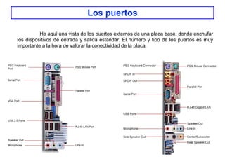 Los puertos He aquí una vista de los puertos externos de una placa base, donde enchufar los dispositivos de entrada y salida estándar. El número y tipo de los puertos es muy importante a la hora de valorar la conectividad de la placa. 