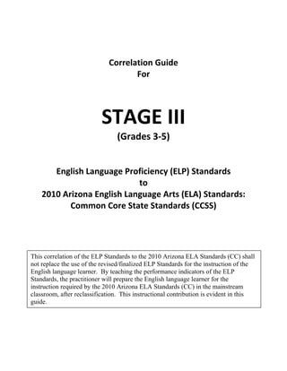  
 
Correlation Guide  
For  
 
 
STAGE III 
(Grades 3‐5) 
 
 
English Language Proficiency (ELP) Standards  
to  
2010 Arizona English Language Arts (ELA) Standards:  
Common Core State Standards (CCSS) 
 
 
 
 
  
 
 
This correlation of the ELP Standards to the 2010 Arizona ELA Standards (CC) shall
not replace the use of the revised/finalized ELP Standards for the instruction of the
English language learner. By teaching the performance indicators of the ELP
Standards, the practitioner will prepare the English language learner for the
instruction required by the 2010 Arizona ELA Standards (CC) in the mainstream
classroom, after reclassification. This instructional contribution is evident in this
guide.
 