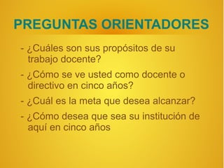 PREGUNTAS ORIENTADORES
- ¿Cuáles son sus propósitos de su
  trabajo docente?
- ¿Cómo se ve usted como docente o
  directivo en cinco años?
- ¿Cuál es la meta que desea alcanzar?
- ¿Cómo desea que sea su institución de
  aquí en cinco años
 