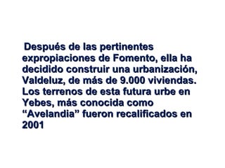 Después de las pertinentes expropiaciones de Fomento, ella ha decidido construir una urbanización, Valdeluz, de más de 9.000 viviendas. Los terrenos de esta futura urbe en Yebes, más conocida como “Avelandia” fueron recalificados en 2001 