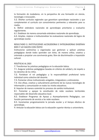 C o n o c i m i e n t o s P e d a g ó g i c o s G e n e r a l e s P á g i n a |
12
Carlos A. Yampufé Requejo cayare2@gmail.com 981770982
la formación de ciudadanos, en la perspectiva de una formación en ciencia,
tecnología e innovación.
5.2. Diseñar currículos regionales que garanticen aprendizajes nacionales y que
complementen el currículo con conocimientos pertinentes y relevantes para su
medio.
6. Definir estándares nacionales de aprendizajes prioritarios y evaluarlos
regularmente.
6.1. Establecer de manera concertada estándares nacionales de aprendizaje.
6.2. Ampliar, mejorar e institucionalizar las evaluaciones nacionales de logros de
aprendizaje escolar.
RESULTADO 2: INSTITUCIONES ACOGEDORAS E INTEGRADORAS ENSEÑAN
BIEN Y LO HACEN CON ÉXITO
Instituciones autónomas y organizadas que gestionan y aplican prácticas
pedagógicas donde todos aprenden con éxito, de manera crítica, creativa y
orientada a propiciar una convivencia grata, libre de discriminación e imposición
cultural.
POLÍTICAS AL 2021
7. Transformar las prácticas pedagógicas en la educación básica.
7.1. Asegurar prácticas pedagógicas basadas en criterios de calidad y de respeto a
los derechos de los niños.
7.2. Fortalecer el rol pedagógico y la responsabilidad profesional tanto
individual como colectiva del docente.
7.3. Fomentar climas institucionales amigables, integradores y estimulantes.
7.4. Uso eficaz, creativo y culturalmente pertinente de las nuevas tecnologías de
información y comunicación en todos los niveles educativos.
8. Impulsar de manera sostenida los procesos de cambio institucional.
8.1. Fomentar y apoyar la constitución de redes escolares territoriales
responsables del desarrollo educativo local.
8.2. Establecer Programas de Apoyo y Acompañamiento Pedagógico, con
función permanente de servicio a las redes escolares.
8.3. Incrementar progresivamente la jornada escolar y el tiempo efectivo de
aprendizaje.
9. Articular la educación básica con la educación superior técnica o universitaria.
 