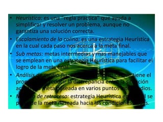 Heurística: es una “regla practica” que ayuda a simplificar y resolver un problema, aunque no garantiza una solución correcta.Escalamiento de la colina: es una estrategia Heurística en la cual cada paso nos acerca a la meta final.Sub metas: metas intermedias y mas manejables que se emplean en una estrategia Heurística para facilitar el logro de la meta final.Análisis de medio-fin: estrategia heurística que tiene el propósito de reducir la discrepancia entre la situación actual y la meta deseada en varios puntos intermedios.Método de retroceso: estrategia Heurística en la cual se parte de la meta deseada hacia las condiciones dadas.