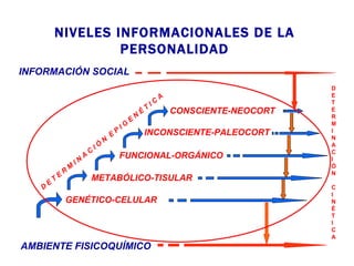 NIVELES INFORMACIONALES DE LA
                    PERSONALIDAD
INFORMACIÓN SOCIAL
                                                                                                            D
                                                                                   A                        E
                                                                              IC                            T
                                                                          T
                                                                      É                CONSCIENTE-NEOCORT   E
                                                                  N                                         R
                                                              E                                             M
                                                         IG
                                                     P                INCONSCIENTE-PALEOCORT                I
                                                 E                                                          N
                                             N
                                        IÓ                                                                  A
                                    C                                                                       C
                                A                    FUNCIONAL-ORGÁNICO                                     I
                           IN                                                                               Ó
                       M
                   R                                                                                        N
               E                    METABÓLICO-TISULAR
           T
       E
   D                                                                                                        C
                                                                                                            I
                   GENÉTICO-CELULAR                                                                         N
                                                                                                            É
                                                                                                            T
                                                                                                            I
                                                                                                            C
                                                                                                            A
AMBIENTE FISICOQUÍMICO
 