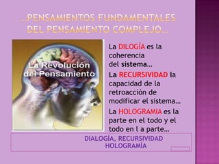 La DILOGÍA es la
      coherencia
      del sistema…
      La RECURSIVIDAD la
      capacidad de la
      retroacción de
      modificar el sistema…
      La HOLOGRAMIA es la
      parte en el todo y el
      todo en l a parte…
DIALOGÍA, RECURSIVIDAD
     HOLOGRAMÍA           .
 