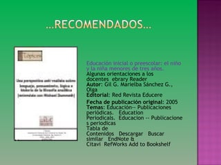 Educación inicial o preescolar: el niño
y la niña menores de tres años.
Algunas orientaciones a los
docentes  ebrary Reader
Autor: Gil G. Marielba Sánchez G.,
Olga 
Editorial: Red Revista Educere
Fecha de publicación original: 2005 
Temas: Educación-- Publicaciones
periódicas.   Education 
Periodicals.  Educacion -- Publicacione
s periodicas  
Tabla de
Contenidos   Descargar   Buscar
similar   EndNote &
Citavi  RefWorks Add to Bookshelf 
 