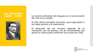 LEV VYGOTSKY
(1896 – 1934)  La función primordial del lenguaje es la comunicación
del niño con el adulto.
 El niño utiliza conceptos concretos, que luego pasan a
ser ideas gracias a la experiencia.
 El desarrollo del ser humano depende de su
interacción con los demás y de las herramientas que
aporta la cultura para conformar sus puntos de vista.
 