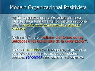 Modelo Organizacional Positivista Visión Mecanicista de la Organización cuya característica fundamental consiste en suponer que la  misión de la organización estaba ya definida . Dicha misión era  “redituar el máximo de las utilidades a los accionistas de la organización”. Definida  la misión  de la empresa, el problema consiste en realizar todas las actividades posibles  (el como)  para obtener tal objetivo. 