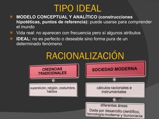 MODELO CONCEPTUAL Y ANALÍTICO (construcciones hipotéticas, puntos de referencia):  puede usarse para comprender el mundo Vida real: no aparecen con frecuencia pero sí algunos atributos IDEAL:  no es perfecto o deseable sino forma pura de un determinado fenómeno TIPO IDEAL RACIONALIZACIÓN 