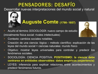 PENSADORES: DESAFÍO Desarrollar nuevas interpretaciones del mundo social y natural Auguste Comte  (1798- 1857)  Acuñó el término  SOCIOLOGÍA:  nuevo campo de estudio (inicialmente física social: rivales intelectuales) Contexto: cambios sociales notables. Creación de una ciencia: lógica – método científico: explicación de las leyes del mundo social = ciencias naturales: mundo físico Objetivo: mostrar leyes universales para controlar y predecir los fenómenos sociales. SOCIOLOGÍA: CIENCIA POSITIVA:  POSITIVISMO: la ciencia debe centrarse en entidades observables: datos empíricos (experiencia) LEYES: inferencia para explicar relaciones entre acontecimientos y predecir fenómenos futuros. 