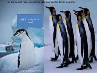 Un día, decidió hacer una carrera para jugar con los demás pingüinos.




             ¿Qué os parece mi
                   idea?
 