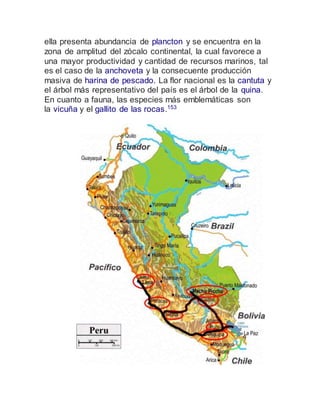 ella presenta abundancia de plancton y se encuentra en la
zona de amplitud del zócalo continental, la cual favorece a
una mayor productividad y cantidad de recursos marinos, tal
es el caso de la anchoveta y la consecuente producción
masiva de harina de pescado. La flor nacional es la cantuta y
el árbol más representativo del país es el árbol de la quina.
En cuanto a fauna, las especies más emblemáticas son
la vicuña y el gallito de las rocas.153
 