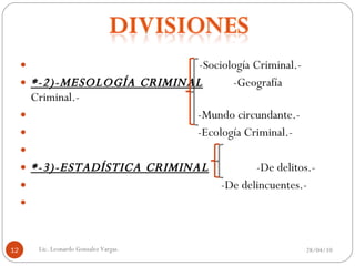 -Sociología Criminal.- *-2)-MESOLOGÍA CRIMINAL -Geografía Criminal.-   -Mundo circundante.-   -Ecología Criminal.- *-3)-ESTADÍSTICA CRIMINAL   -De delitos.-   -De delincuentes.-   28/04/10 Lic. Leonardo Gonzalez Vargas. 
