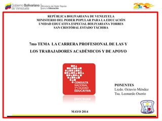 REPÚBLICA BOLIVARIANA DE VENEZUELA
MINISTERIO DEL PODER POPULAR PARA LA EDUCACIÓN
UNIDAD EDUCATIVA ESPECIAL BOLIVARIANA TORBES
SAN CRISTÓBAL ESTADO TÁCHIRA
7mo TEMA LA CARRERA PROFESIONAL DE LAS Y
LOS TRABAJADORES ACADÉMICOS Y DE APOYO
PONENTES
Licdo. Octavio Méndez
Tsu. Leonardo Osorio
MAYO 2014
 