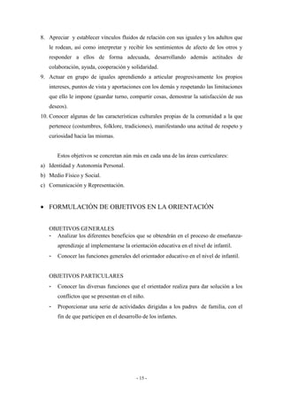 8. Apreciar y establecer vínculos fluidos de relación con sus iguales y los adultos que
le rodean, así como interpretar y recibir los sentimientos de afecto de los otros y
responder a ellos de forma adecuada, desarrollando además actitudes de
colaboración, ayuda, cooperación y solidaridad.
9. Actuar en grupo de iguales aprendiendo a articular progresivamente los propios
intereses, puntos de vista y aportaciones con los demás y respetando las limitaciones
que ello le impone (guardar turno, compartir cosas, demostrar la satisfacción de sus
deseos).
10. Conocer algunas de las características culturales propias de la comunidad a la que
pertenece (costumbres, folklore, tradiciones), manifestando una actitud de respeto y
curiosidad hacia las mismas.
Estos objetivos se concretan aún más en cada una de las áreas curriculares:
a) Identidad y Autonomía Personal.
b) Medio Físico y Social.
c) Comunicación y Representación.
• FORMULACIÓN DE OBJETIVOS EN LA ORIENTACIÓN
OBJETIVOS GENERALES
- Analizar los diferentes beneficios que se obtendrán en el proceso de enseñanza-
aprendizaje al implementarse la orientación educativa en el nivel de infantil.
- Conocer las funciones generales del orientador educativo en el nivel de infantil.
OBJETIVOS PARTICULARES
- Conocer las diversas funciones que el orientador realiza para dar solución a los
conflictos que se presentan en el niño.
- Proporcionar una serie de actividades dirigidas a los padres de familia, con el
fin de que participen en el desarrollo de los infantes.
- 15 -
 