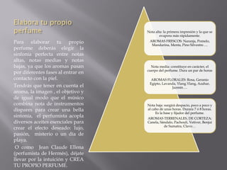 Elabora tu propio
perfume
Para elaborar tu propio
perfume deberás elegir la
sinfonía perfecta entre notas
altas, notas medias y notas
bajas, ya que los aromas pasan
por diferentes fases al entrar en
contacto con la piel.
Tendrás que tener en cuenta el
aroma, la imagen , el objetivo y
de igual modo que el músico
combina nota de instrumentos
dispares para crear una bella
sintonía, el perfumista acopla
diversos aceites esenciales para
crear el efecto deseado: lujo,
pasión, misterio o un día de
playa.
O como Jean Claude Ellena
(perfumista de Hermés), déjate
llevar por la intuición y CREA
TU PROPIO PERFUME.
Nota alta: la primera impresión y la que se
evapora más rápidamente.
AROMAS FRESCOS: Naranja, Pomelo,
Mandarina, Menta, Pino Silvestre….
Nota media: constituye en carácter, el
cuerpo del perfume. Dura un par de horas
.
AROMAS FLORALES: Rosa, Geranio
Egipto, Lavanda, Ylang.Ylang, Azahar,
Jazmín….
Nota baja: surgirá despacio, poco a poco y
al cabo de unas horas. Durara 7 ó 8 horas.
Es la base y fijador del perfume.
AROMAS TERRENALES, DE CORTEZA:
Canela, Sándalo, Pachouli, Vetiver, Benjuí
de Sumatra, Clavo…
 