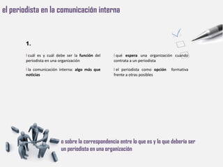 el periodista en la comunicación interna


        1.

        l cuál es y cuál debe ser la función del   l qué espera una organización cuando
        periodista en una organización             contrata a un periodista

        l la comunicación interna: algo más que    l el periodista como opción   formativa
        noticias                                   frente a otras posibles




                          o sobre la correspondencia entre lo que es y lo que debería ser
                          un periodista en una organización
 