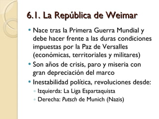 6.1. La República de Weimar Nace tras la Primera Guerra Mundial y debe hacer frente a las duras condiciones impuestas por la Paz de Versalles (económicas, territoriales y militares) Son años de crisis, paro y miseria con gran depreciación del marco Inestabilidad política, revoluciones desde: Izquierda: La Liga Espartaquista Derecha:  Putsch  de Munich (Nazis) 