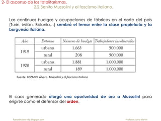 fueradeclase-vdp.blogspot.com Profesor: Jairo Martín
2- El ascenso de los totalitarismos.
2.2 Benito Mussolini y el fascismo italiano.
Las continuas huelgas y ocupaciones de fábricas en el norte del país
(Turín, Milán, Bolonia…) sembró el temor entre la clase propietaria y la
burguesía italiana.
El caos generado otorgó una oportunidad de oro a Mussolini para
erigirse como el defensor del orden.
Fuente: LOZANO, Álvaro. Mussolini y el fascismo italiano
 