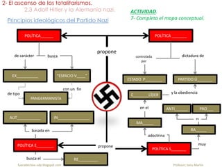 2- El ascenso de los totalitarismos.
2.3 Adolf Hitler y la Alemania nazi.
fueradeclase-vdp.blogspot.com Profesor: Jairo Martín
Principios ideológicos del Partido Nazi
POLÍTICA______ POLÍTICA _______
POLÍTICA E________
POLÍTICA S_______
propone
propone
EX__________
AUT___________ IN_______________
basada en
de carácter
“ESPACIO V____”
busca
RE_________
ESTADO P________ PARTIDO Ú_______
busca el
dictadura decontrolada
por
MA_____
de tipo
con un fin
PANGERMANISTA
RA_____
muy
adoctrina
C_______LÍDER
en el
y la obediencia
ANTI______ PRO___
es
ACTIVIDAD.
7- Completa el mapa conceptual.
 