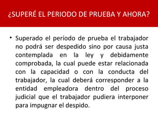• Superado el período de prueba el trabajador
no podrá ser despedido sino por causa justa
contemplada en la ley y debidamente
comprobada, la cual puede estar relacionada
con la capacidad o con la conducta del
trabajador, la cual deberá corresponder a la
entidad empleadora dentro del proceso
judicial que el trabajador pudiera interponer
para impugnar el despido.
¿SUPERÉ EL PERIODO DE PRUEBA Y AHORA?
 