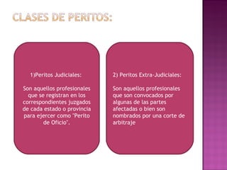 1)Peritos Judiciales:  Son aquellos profesionales que se registran en los correspondientes juzgados de cada estado o provincia para ejercer como "Perito de Oficio". 2) Peritos Extra-Judiciales: Son aquellos profesionales que son convocados por algunas de las partes afectadas o bien son nombrados por una corte de arbitraje 