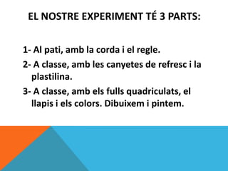 EL NOSTRE EXPERIMENT TÉ 3 PARTS:
1- Al pati, amb la corda i el regle.
2- A classe, amb les canyetes de refresc i la
plastilina.
3- A classe, amb els fulls quadriculats, el
llapis i els colors. Dibuixem i pintem.
 