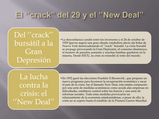 Del ‘’crack’’   •La desconfianza cundió entre los inversores y el 24 de octubre de
bursátil a la    1929 (jueves negro) una gran oleada vendedora afecto ala bolsa de
                 Nueva York desencadenando el ‘’crack’’ bursátil. La crisis bursátil

   Gran
                 se propago provocando la Gran Depresión, el consumo disminuyo,
                 el numero de parados aumento y muchas familias quedaron en la
                 miseria. Desde EEUU, la crisis se extendió al resto del mundo.

 Depresión

  La lucha      •En 1932 ganó las elecciones Franklin D.Roosevelt , que propuso un
                 nuevo programa para favorecer la recuperación económica y sacar
  contra la      el país de la crisis, fue el llamado New Deal, este estaba compuesto
                 por una serie de medidas económicas como ayuda alas empresas en

   crisis: el
                 dificultades, establecer control sobre los bancos y una serie de
                 reformas sociales. Toda estas medidas provocaron un
                 relanzamiento de la economía estadounidense, a pesar de ello, la

‘’New Deal’’     crisis no se supero hasta el estallido de la Primera Guerra Mundial.
 