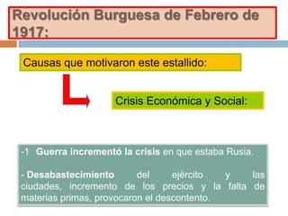 Revolución Burguesa de Febrero de
1917:
Causas que motivaron este estallido:
Crisis Económica y Social:
-1 Guerra incrementó la crisis en que estaba Rusia.
- Desabastecimiento del ejército y las
ciudades, incremento de los precios y la falta de
materias primas, provocaron el descontento.
 