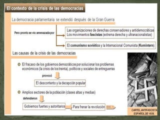 En 1939 sólo 10 de 27 países europeos seguían siendo democráticos, aunque muchos de los modelos descansaban en dictaduras más o menos autoritarias, de poder personal y militar. Por nombrar unos pocos era el caso de Polonia, Hungría, Grecia, España, Yugoslavia, Bulgaria, Portugal, Austria…y en muchos aspectos las dictaduras de América Latina bajo diversidad de caudillos y de juntas militares, se asemejaban en su origen y en su carácter a las dictaduras europeas. Todos coincidían más o menos en la represión de las libertades individuales, en la prohibición de los partidos de oposición, y en la abolición o anulación de las instituciones parlamentarias. Muchos adoptaban rasgos de estado corporativo, algunos con legislaciones racistas como Hungría, Rumania y Polonia. Pero ninguno llegó tan lejos como el III Reich, en la completa coordinación de todas las actividades políticas, económicas, intelectuales y biológicas en una dictadura revolucionaria, con una base de masas