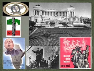 CONSTRUCCIÓN DEL ESTADO FASCISTAGradualmente Mussolini consolidó su poderinstitucionalmente reprimiendo la oposición y modificando el sistema democrático hasta que con la mayoría en el parlamento pudo aprobar en 1925 una ley de plenos poderes, virando hacia un régimen totalitario. En este proceso de “fascistización” del Estado la figura de Mussolini se erigía como la encarnación de los propósitos, deseos y aspiraciones de Italia.  El régimen fascista italiano se construyó en torno al culto al líder, cuya expresión más clara fue el grito “Duce, Duce, Duce!”, y estuvo articulado mediante un partido únicobasado en el poder del Gran Consejo Fascista que supedita todo al Estado, “Todo en el Estado, nada contra el Estado”. 
