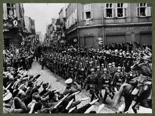 LA ASCENSIÓN AL PODERTras el fracaso de la vía violenta, el NSDAP optó por la vía electoral reorganizando el partido en torno a Hitler, creando los grupos de asalto especiales SS, elaborando una oposición mediante la propaganda dirigida por Goebbels y una cuidada escenografía (desfiles, saludos, congresos, discursos) que se convirtió en el referente de la vida alemana. Los afiliados al partido nazi pasarían de 28.000 en 1925 a millón y medio en 1932. Tras unos años en los que el paro no dejó de crecer (seis millones en 1933) y la presión nazi y comunista aumentaba, las consecuencias de la crisis del 29 supusieron el comienzo del final para la República de Weimar.  Las elecciones parlamentarias iban reflejando el ascenso del apoyo al NSDAP (107 diputados en 1930, 13,4 millones de votos en 1932) y aunque en las quintas elecciones celebradas en 1932 los nazis perdieron escaños,Hindenburg(que moriría en 1934) nombrará canciller a Hitler en enero de 1933, que dirigirá Alemania hasta 1945. 