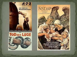 CONSTRUCCIÓN DEL ESTADO FASCISTATras la llegada al poder Hitler no tardó en controlar el Reichstag e implantar su doctrina nacionalsocialista, “Un pueblo, un Estado, un Jefe”. Hitler asumió la realización del “destino del pueblo alemán”. Como el fascismo italiano, el régimen era totalitario de partido único, violento, nacionalista extremo y de exaltación al líder. 4 aspectos diferencian el fascismo del nazismo:Sus bases ideológicas se enraízan con la tradición intelectual alemana, el nacionalismo germano, la doctrina del superhombre de Nietzsche, la Decadencia de Occidente de Spengler o El mito del siglo XX de Rosenberg.