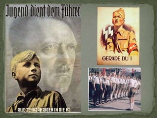 Por último, es característica supulsión antirreligiosa. En su intento por modelar el Estado totalitario, las Iglesias alemanas constituían un importante freno moral. El nazismo rechaza la tradición cristiana y adopta unneopaganismoque intenta recobrar la vigencia de las tradiciones religiosas nórdicas. La cruz gamada se convierte en el nuevo símbolo que sustituye a la cruz cristiana, religión a la que se odia como derivada del judaísmo. Hitler y su ministro de propaganda, Goebbels, en seguida se dieron cuenta de las posibilidades que la radio ofrecía como arma de propaganda masiva. El primer paso fue controlar su programación, pero aun así había un problema, los receptores eran demasiado caros para la mayoría de la población. La solución fue la “radio del pueblo” un aparato simple y barato, además su escasa sensibilidad impedía sintonizar emisoras extranjeras. Alemania se convirtió en el país con más radios de Europa.