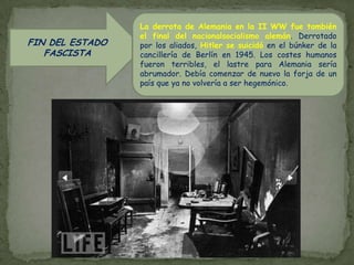 CONSTRUCCIÓN DEL ESTADO FASCISTAMediante una logística propagandística omnipresente que inundaría Alemania, el nazismo alcanzó las más altas cotas de dominación social. Hitler llamó a su nuevo orden fascista el Tercer Reich. Declaraba que, siguiendo al Primer Reich, o Sacro Imperio Romano, y al Segundo Reich, o imperio fundado por Bismarck, el Tercer Reich continuaba el proceso de la verdadera historia alemana, de la que venía a constituir la consecuencia orgánica y la culminación natural. Este pangermanismo hitleriano tiene la peculiaridad que frente a la antigua conquista por medios económicos, el poder del Estado es el que crea las condiciones necesarias para el comercio, y no el comercio quien favorece la expansión política. La política interiorprimero consolidó a Hitler en el poder, con la GESTAPO para depurar la administración y el partido. En el proceso de eliminación de la oposición destacó el incendio del Reichstag (febrero de 1933), la noche de los cuchillos largos (junio 1934) y la noche de los cristales rotos (noviembre 1938), donde respectivamente se acabó con los comunistas, las SA y se desató la primera gran manifestación de antisemitismo. La receta económica fue una apuesta doble: la meta de la autarquía (nacionalismo económico) y la militarización de la sociedad, que convirtió a Alemania en una gigantesca y disciplinada máquina de guerra, sin oposición interna y apenas externa, con unas masas hipnotizadas dispuestas a seguir al Führer a tormentosas y nuevas cumbres valkirianas. “Hoy, Alemania –aseguraba en una siniestra frase nazi-. Mañana, el mundo entero.La economía alemana se vuelca en la producción armamentística,  que logró rearmar en poco tiempo los ejércitos alemanes, violando el Tratado de Versalles; y además, con un gigantesco programa de obras públicas acabó con el paro. En poco tiempo Alemania sería el país más industrializado, más avanzado tecnológicamente, más rico, etc. La política exterioren consecuencia con la doctrina del espacio vital, se caracterizó por su agresividad hasta el estallido de la II WW. Hitler tras instalar en Alemania una verdadera “economía de guerra”, procedió sucesivamente a la militarización de Renania (1937), a la unión con Austria (Anchluss) –ambas acciones prohibidas por Versalles- y la anexión de los Sudetes(antigua Checoslovaquia, en 1938), con  el beneplácito de las potencias occidentales que buscaban evitar la guerra, antes de invadir Polonia el 1 de septiembre de 1939 e inicia la II WW. 