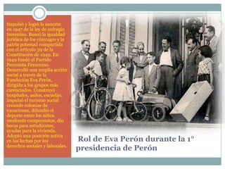 Rol de Eva Perón durante la 1°
presidencia de Perón
Impulsó y logró la sanción
en 1947 de la ley de sufragio
femenino. Buscó la igualdad
jurídica de los cónyuges y la
patria potestad compartida
con el artículo 39 de la
Constitución de 1949. En
1949 fundó el Partido
Peronista Femenino.
Desarrolló una amplia acción
social a través de la
Fundación Eva Perón,
dirigida a los grupos más
carenciados. Construyó
hospitales, asilos, escuelas,
impulsó el turismo social
creando colonias de
vacaciones, difundió el
deporte entre los niños
mediante campeonatos, dio
becas para estudiantes,
ayudas para la vivienda.
Adoptó una posición activa
en las luchas por los
derechos sociales y laborales.
 