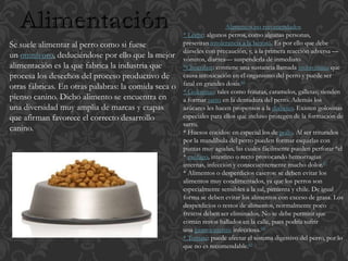 Se suele alimentar al perro como si fuese
un omnívoro, deduciéndose por ello que la mejor
alimentación es la que fabrica la industria que
procesa los desechos del proceso productivo de
otras fábricas. En otras palabras: la comida seca o
pienso canino. Dicho alimento se encuentra en
una diversidad muy amplia de marcas y etapas
que afirman favorece el correcto desarrollo
canino.
Alimentos no recomendados
* Leche: algunos perros, como algunas personas,
presentan intolerancia a la lactosa. Es por ello que debe
dárseles con precaución, y, a la primera reacción adversa —
vómitos, diarrea— suspenderla de inmediato
*Chocolate: contiene una sustancia llamada teobromina que
causa intoxicación en el organismo del perro y puede ser
fatal en grandes dosis.66
* Golosinas: tales como frituras, caramelos, galletas; tienden
a formar sarro en la dentadura del perro. Además los
azúcares les hacen propensos a la diabetes. Existen golosinas
especiales para ellos que incluso protegen de la formación de
sarro.
* Huesos cocidos: en especial los de pollo. Al ser triturados
por la mandíbula del perro pueden formar esquirlas con
puntas muy agudas, las cuales fácilmente pueden perforar *el
* esófago, intestino o recto provocando hemorragias
internas, infección y consecuentemente mucho dolor.67
* Alimentos o desperdicios caseros: se deben evitar los
alimentos muy condimentados, ya que los perros son
especialmente sensibles a la sal, pimienta y chile. De igual
forma se deben evitar los alimentos con exceso de grasa. Los
desperdicios o restos de alimentos, normalmente poco
frescos deben ser eliminados. No se debe permitir que
coman restos hallados en la calle, pues podría sufrir
una gastroenteritis infecciosa.68
* Tomate: puede afectar el sistema digestivo del perro, por lo
que no es recomendable.69
 