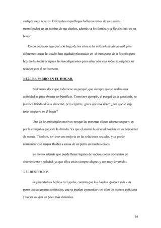 16
castigos muy severos. Diferentes arqueólogos hallaron restos de este animal
momificados en las tumbas de sus dueños, además se los lloraba y se llevaba luto en su
honor.
Como podemos apreciar a lo largo de los años se ha utilizado a este animal para
diferentes tareas las cuales han quedado plasmadas en el transcurso de la historia pero
hoy en día todavía siguen las investigaciones para saber aún más sobre su origen y su
relación con el ser humano.
3.2.2.- EL PERRO EN EL HOGAR.
Podríamos decir que todo tiene un porqué, que siempre que se realiza una
actividad es para obtener un beneficio. Como por ejemplo, el porqué de la ganadería, se
justifica brindándonos alimento, pero el perro, ¿para qué nos sirve? ¿Por qué se elije
tener un perro en el hogar?
Uno de los principales motivos porque las personas eligen adoptar un perro es
por la compañía que este les brinda. Ya que el animal le sirve al hombre en su necesidad
de mimar. También, se tiene una mejoría en las relaciones sociales, y se puede
comunicar con mayor fluidez a causa de un perro en muchos casos.
Se piensa además que puede llenar lugares de vacíos, como momentos de
aburrimiento o soledad, ya que ellos están siempre alegres y son muy divertidos.
3.3.- BENEFICIOS.
Según estudios hechos en España, cuentan que los dueños quieren más a su
perro que a cercanas amistades, que se pueden comunicar con ellos de manera cotidiana
y hacen su vida un poco más dinámica.
 