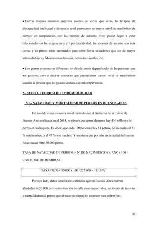63
 Ciertas terapias causaron mayores niveles de estrés que otras, las terapias de
discapacidad intelectual y demencia senil provocaron un mayor nivel de metabolitos de
cortisol en comparación con las terapias de autismo. Esto puede llegar a estar
relacionado con las exigencias y el tipo de actividad, las sesiones de autismo son más
cortas y los perros están entrenados para sobre llevar situaciones que son de mayor
intensidad por ej. Movimientos bruscos, estímulos visuales, etc.
 Los perros presentaron diferentes niveles de estrés dependiendo de las personas que
los guiaban, podría decirse entonces que presentaban menor nivel de metabolitos
cuando la persona que los guiaba contaba con más experiencia.
5.- MARCO TEORICO III (EPIDEMIOLOGICO)
5.1.- NATALIDAD Y MORTALIDAD DE PERROS EN BUENOS AIRES.
De acuerdo a una encuesta anual realizada por el Gobierno de la Cuidad de
Buenos Aires realizada en el 2014, se obtuvo que aproxidamente hay 430 millones de
perros en los hogares. Es decir, que cada 100 personas hay 14 perros, de los cuales el 53
% son hembras, y el 47 % son machos. Y se estima que por año en la cuidad de Buenas
Aires nacen entre 30.000 perros.
TASA DE NATALIDAD DE PERROS = N° DE NACIMIENTOS x AÑO x 100 /
CANTIDAD DE HEMBRAS
TASA DE N = 30.000 x 100 / 227.900 = 13,16 %
Por otro lado, datos estadísticos estimulan que en Buenos Aires mueren
alrededor de 20.000 perros en situación de calle mueren por rabia, accidentes de transito
y mortalidad natal, perros que al nacer no tienen los recursos para sobrevivir.
 