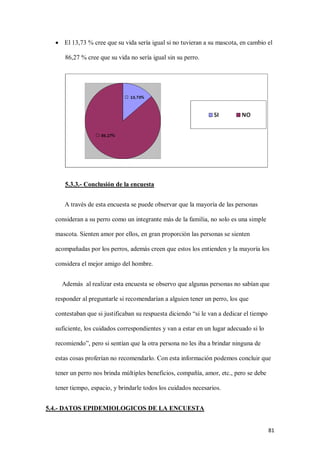 81
 El 13,73 % cree que su vida sería igual si no tuvieran a su mascota, en cambio el
86,27 % cree que su vida no sería igual sin su perro.
5.3.3.- Conclusión de la encuesta
A través de esta encuesta se puede observar que la mayoría de las personas
consideran a su perro como un integrante más de la familia, no solo es una simple
mascota. Sienten amor por ellos, en gran proporción las personas se sienten
acompañadas por los perros, además creen que estos los entienden y la mayoría los
considera el mejor amigo del hombre.
Además al realizar esta encuesta se observo que algunas personas no sabían que
responder al preguntarle si recomendarían a alguien tener un perro, los que
contestaban que si justificaban su respuesta diciendo “si le van a dedicar el tiempo
suficiente, los cuidados correspondientes y van a estar en un lugar adecuado si lo
recomiendo”, pero si sentían que la otra persona no les iba a brindar ninguna de
estas cosas proferían no recomendarlo. Con esta información podemos concluir que
tener un perro nos brinda múltiples beneficios, compañía, amor, etc., pero se debe
tener tiempo, espacio, y brindarle todos los cuidados necesarios.
5.4.- DATOS EPIDEMIOLOGICOS DE LA ENCUESTA
 