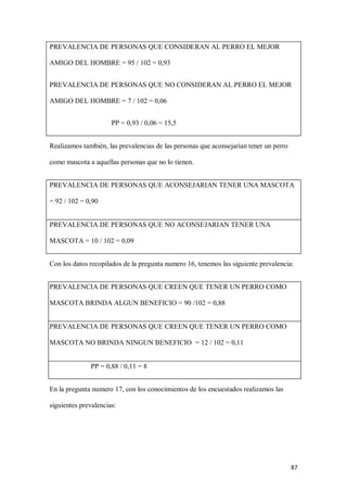 87
PREVALENCIA DE PERSONAS QUE CONSIDERAN AL PERRO EL MEJOR
AMIGO DEL HOMBRE = 95 / 102 = 0,93
PREVALENCIA DE PERSONAS QUE NO CONSIDERAN AL PERRO EL MEJOR
AMIGO DEL HOMBRE = 7 / 102 = 0,06
PP = 0,93 / 0,06 = 15,5
Realizamos también, las prevalencias de las personas que aconsejarían tener un perro
como mascota a aquellas personas que no lo tienen.
PREVALENCIA DE PERSONAS QUE ACONSEJARIAN TENER UNA MASCOTA
= 92 / 102 = 0,90
PREVALENCIA DE PERSONAS QUE NO ACONSEJARIAN TENER UNA
MASCOTA = 10 / 102 = 0,09
Con los datos recopilados de la pregunta numero 16, tenemos las siguiente prevalencia:
PREVALENCIA DE PERSONAS QUE CREEN QUE TENER UN PERRO COMO
MASCOTA BRINDA ALGUN BENEFICIO = 90 /102 = 0,88
PREVALENCIA DE PERSONAS QUE CREEN QUE TENER UN PERRO COMO
MASCOTA NO BRINDA NINGUN BENEFICIO = 12 / 102 = 0,11
PP = 0,88 / 0,11 = 8
En la pregunta numero 17, con los conocimientos de los encuestados realizamos las
siguientes prevalencias:
 