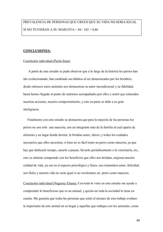 89
PREVALENCIA DE PERSONAS QUE CREEN QUE SU VIDA NO SERIA IGUAL
SI NO TUVIERAN A SU MASCOTA = 88 / 102 = 0,86
CONCLUSIONES:
Conclusión individual (Paola Zana)
A partir de este estudio se pudo observar que a lo largo de la historia los perros han
ido evolucionando, han cambiado sus hábitos al ser domesticados por los hombres,
desde entonces estos animales nos demuestran su amor incondicional y su fidelidad,
hasta hemos llegado al punto de sentirnos acompañados por ellos y sentir que entienden
nuestras acciones, nuestro comportamiento, y esto en parte se debe a su gran
inteligencia.
Finalmente con este estudio se demuestra que para la mayoría de las personas los
perros no son solo una mascota, son un integrante más de la familia al cual aparte de
alimento y un lugar donde dormir, le brindan amor, afecto, y todos los cuidados
necesarios que ellos necesitan, si bien no es fácil tener un perro como mascota, ya que
hay que dedicarle tiempo, sacarlo a pasear, llevarlo periódicamente a la veterinaria, etc.,
esto es mínimo comparado con los beneficios que ellos nos brindan, mejoran nuestra
calidad de vida, ya sea en el aspecto psicológico y físico, nos transmiten amor, felicidad,
son fieles y nuestra vida no sería igual si no tuviéramos un perro como mascota.
Conclusión individual (Nagurny Eliana): Con todo lo visto en este estudio me ayudo a
comprender lo beneficioso que es un animal, y quizás no toda la sociedad lo tiene en
cuenta. Me gustaría que todas las personas que estén al alcance de este trabajo evalúen
la importante de este animal en su hogar y aquellas que trabajas con los animales, como
 