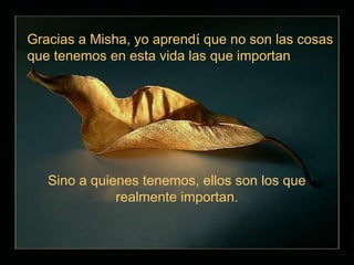 Gracias a Misha, yo aprendí que no son las cosas
que tenemos en esta vida las que importan




   Sino a quienes tenemos, ellos son los que
              realmente importan.
 