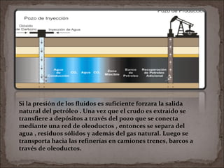 Si la presión de los fluidos es suficiente forzara la salida
natural del petróleo . Una vez que el crudo es extraído se
transfiere a depósitos a través del pozo que se conecta
mediante una red de oleoductos , entonces se separa del
agua , residuos sólidos y además del gas natural. Luego se
transporta hacia las refinerías en camiones trenes, barcos a
través de oleoductos.

 