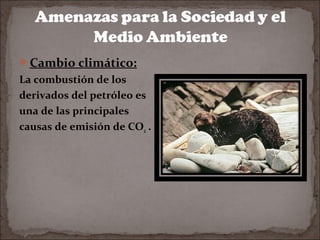 Cambio climático:

La combustión de los
derivados del petróleo es
una de las principales
causas de emisión de CO2 .

 