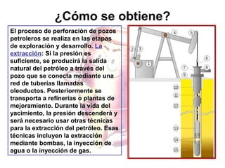 ¿Cómo se obtiene?
El proceso de perforación de pozos
petroleros se realiza en las etapas
de exploración y desarrollo. La
extracción: Si la presión es
suficiente, se producirá la salida
natural del petróleo a través del
pozo que se conecta mediante una
red de tuberías llamadas
oleoductos. Posteriormente se
transporta a refinerías o plantas de
mejoramiento. Durante la vida del
yacimiento, la presión descenderá y
será necesario usar otras técnicas
para la extracción del petróleo. Esas
técnicas incluyen la extracción
mediante bombas, la inyección de
agua o la inyección de gas.

 