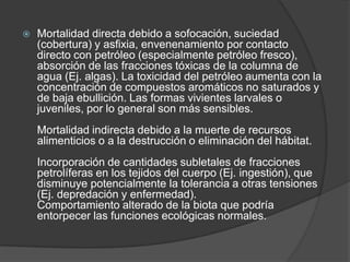  Mortalidad directa debido a sofocación, suciedad
(cobertura) y asfixia, envenenamiento por contacto
directo con petróleo (especialmente petróleo fresco),
absorción de las fracciones tóxicas de la columna de
agua (Ej. algas). La toxicidad del petróleo aumenta con la
concentración de compuestos aromáticos no saturados y
de baja ebullición. Las formas vivientes larvales o
juveniles, por lo general son más sensibles.
Mortalidad indirecta debido a la muerte de recursos
alimenticios o a la destrucción o eliminación del hábitat.
Incorporación de cantidades subletales de fracciones
petrolíferas en los tejidos del cuerpo (Ej. ingestión), que
disminuye potencialmente la tolerancia a otras tensiones
(Ej. depredación y enfermedad).
Comportamiento alterado de la biota que podría
entorpecer las funciones ecológicas normales.
 