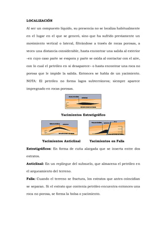 LOCALIZACIÓN
Al ser un compuesto líquido, su presencia no se localiza habitualmente
en el lugar en el que se generó, sino que ha sufrido previamente un
movimiento vertical o lateral, filtrándose a través de rocas porosas, a
veces una distancia considerable, hasta encontrar una salida al exterior
–en cuyo caso parte se evapora y parte se oxida al contactar con el aire,
con lo cual el petróleo en sí desaparece– o hasta encontrar una roca no
porosa que le impide la salida. Entonces se habla de un yacimiento.
NOTA: El petróleo no forma lagos subterráneos; siempre aparece
impregnado en rocas porosas.
Yacimientos Estratigráfico
Yacimientos Anticlinal Yacimientos en Falla
Estratigráficos: En forma de cuña alargada que se inserta entre dos
estratos.
Anticlinal: En un repliegue del subsuelo, que almacena el petróleo en
el arqueamiento del terreno.
Falla: Cuando el terreno se fractura, los estratos que antes coincidían
se separan. Si el estrato que contenía petróleo encuentra entonces una
roca no porosa, se forma la bolsa o yacimiento.
 