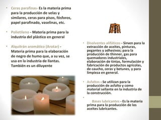 Disolventes alifáticos  - Sirven para la extracción de aceites, pinturas, pegantes y adhesivos; para la producción de thinner, gas para quemadores industriales, elaboración de tintas, formulación y fabricación de productos agrícolas, de caucho, ceras y betunes, y para limpieza en general. Asfaltos  - Se utilizan para la producción de asfalto y como material sellante en la industria de la construcción. Bases lubricantes  - Es la materia prima para la producción de los aceites lubricantes. Ceras parafinas-  Es la materia prima para la producción de velas y similares, ceras para pisos, fósforos, papel parafinado, vaselinas, etc. Polietileno  - Materia prima para la industria del plástico en general Alquitrán aromático (Arotar)  - Materia prima para la elaboración de negro de humo que, a su vez, se usa en la industria de llantas. También es un diluyente 