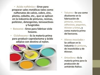 Acido nafténico  - Sirve para preparar sales metálicas tales como naftenatos de calcio,   cobre, zinc, plomo, cobalto, etc., que se aplican en la industria de pinturas, resinas, poliéster, detergentes, tensoactivos y fungicidas Benceno  - Sirve para fabricar ciclo hexano. Ciclohexano  - Es la materia prima para producir caprolactama y ácido adípico con destino al nylon. Tolueno  - Se usa como disolvente en la fabricación de  pinturas, resinas, adhesivos, pegantes, thinner y tintas , y como materia prima del benceno. Xilenos mezclados  - Se utilizan en la industria  de pinturas , de insecticidas y de thinner. Ortoxileno  - Es la materia prima para la producción de anhídrido ftálico . 