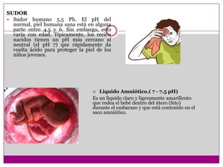 SUDOR
 Sudor humano 5.5 Ph. El pH del
normal, piel humana sana está en alguna
parte entre 4.5 y 6. Sin embargo, esto
varía con edad. Típicamente, los recién
nacidos tienen un pH más cercano al
neutral (el pH 7) que rápidamente da
vuelta ácido para proteger la piel de los
niños jovenes.

Liquido Amniótico.( 7 - 7.5 pH)
Es un líquido claro y ligeramente amarillento
que rodea el bebé dentro del útero (feto)
durante el embarazo y que está contenido en el
saco amniótico.


 